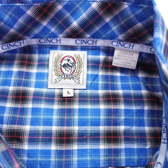 CINCH Shirt Mens Large Blue Button Down Windowpane Plaid Long Sleeve Cotton - Picture 3 of 6